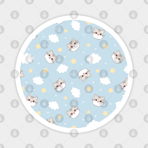 Pattern with white gray cat face, clouds and stars Magnet by Saya Raven